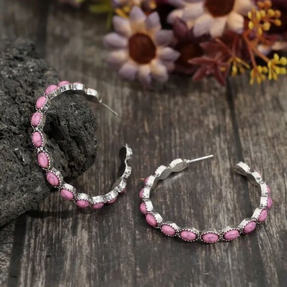 NEW Mariana Southwestern Pink Turquoise Silver Hoop Earrings - Picture 4 of 5